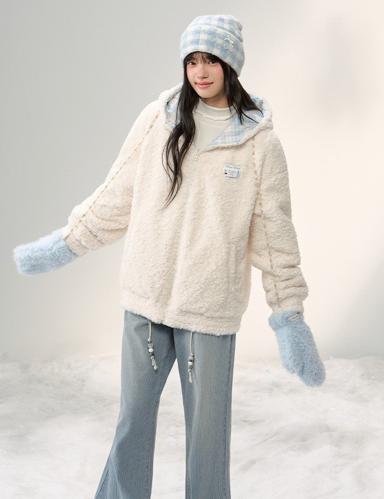 Plush Bear Ear Hooded Plaid Furry Jacket NTO0251