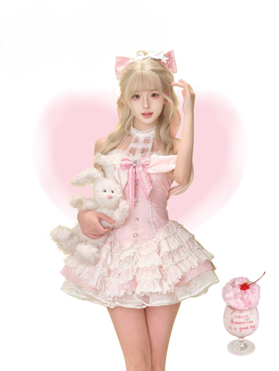 Sweetheart Pink Bow Dress/White Pannier SER0176