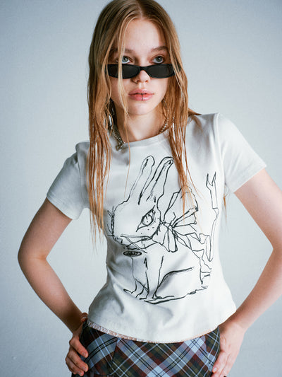 Rabbit Hand-painted Printing Slim Cotton T-shirt LAP0037