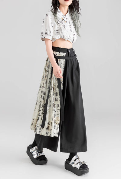 Chinese style Drape Wide-leg Ribbon Decoration High Waist Straight Pants KEI0078