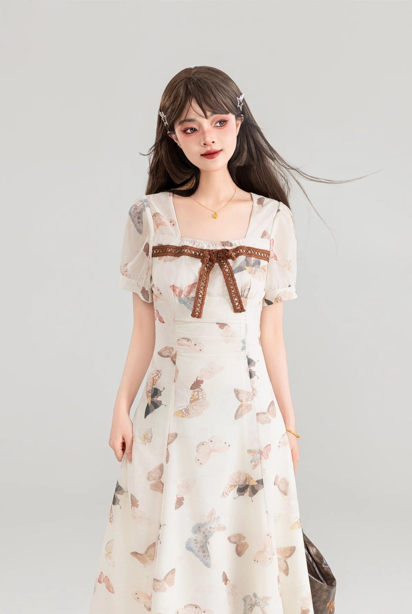 Butterfly Floral Neck Pleated Waist Slimming Long Dress KEI0111