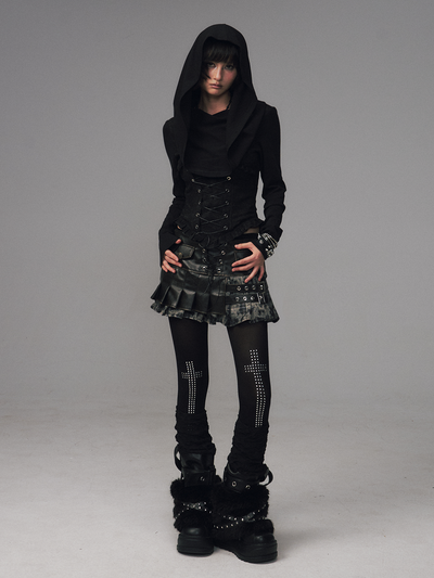 Dark Collar Hooded Patchwork Jacquard Top FRU0121