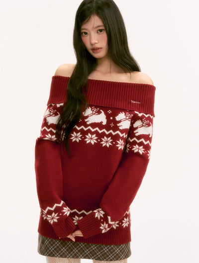 Red Nordic Design Off-Shoulder Sweater WEE0120