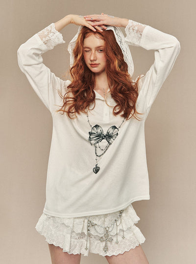 White Splicing Lace Slim Hoodie DIA0207