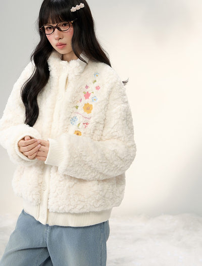 Floral Embroidered Stand Collar Plush Coat NTO0240