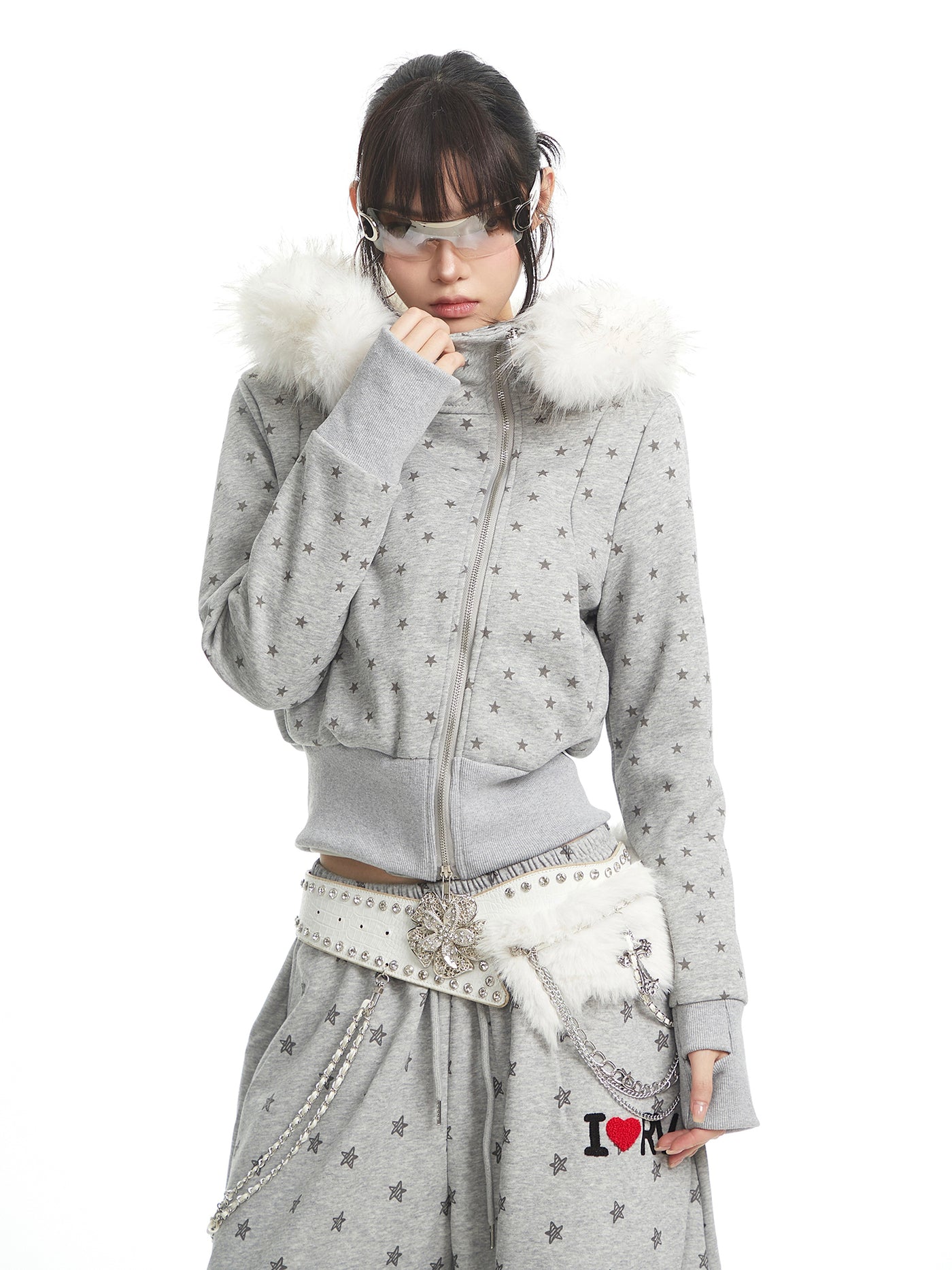 Full Star Design Fur-collar Hooded Jacket UNC0329