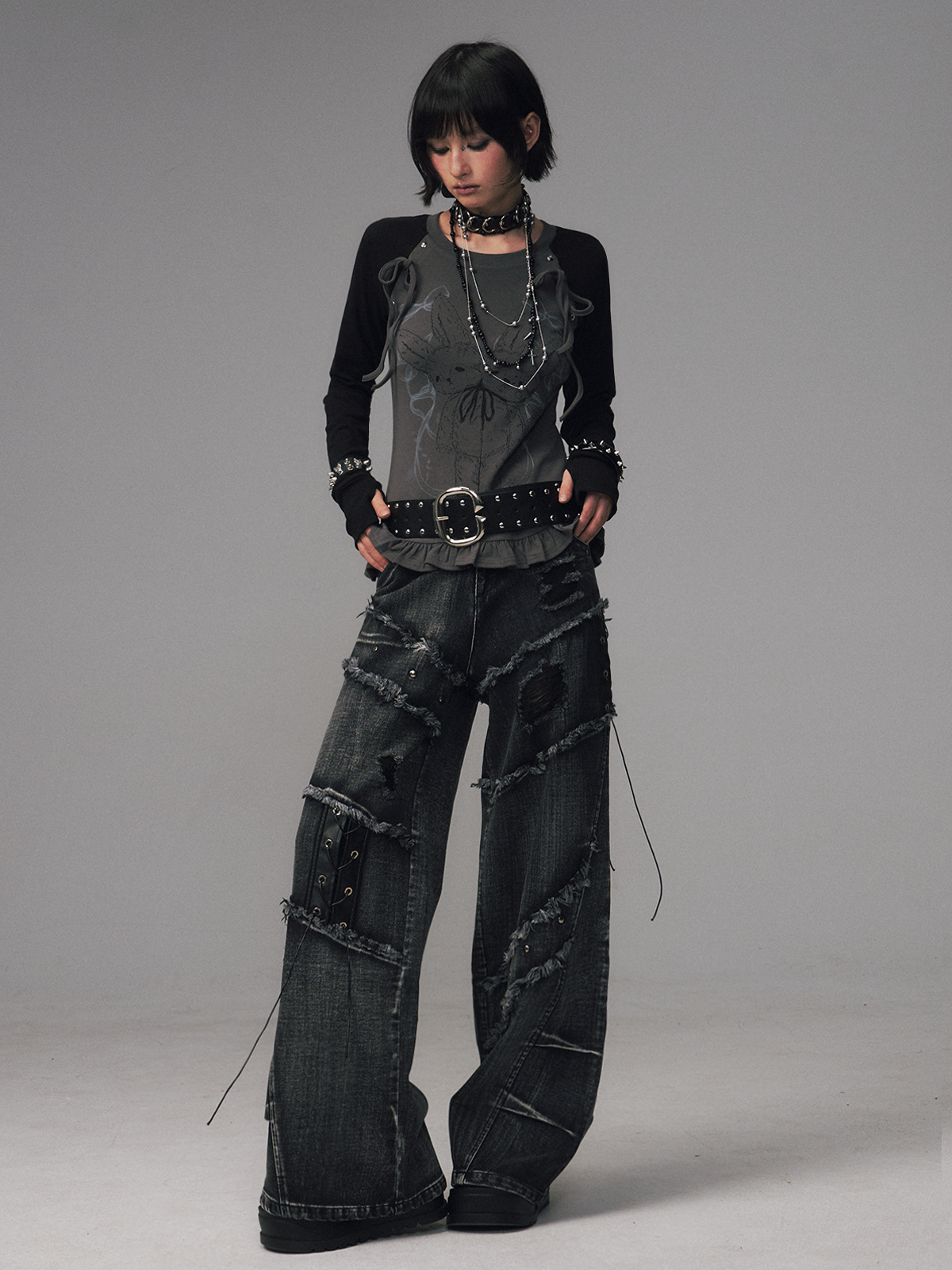 Street Punk Lace-up Studded Jeans FRU0124