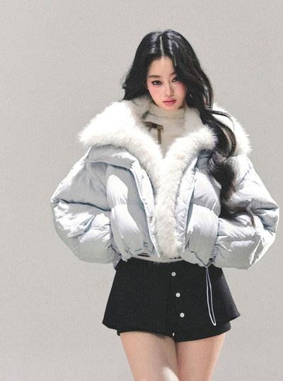 Blue Detachable Fur Collar Short Down Jacket DIA0687