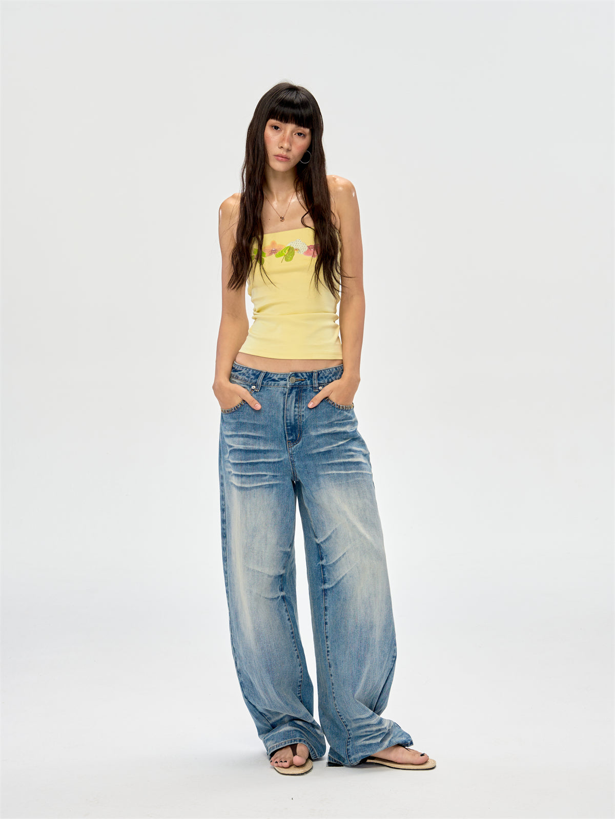 Washed Blue Drape Wide-leg Jeans CUR0216