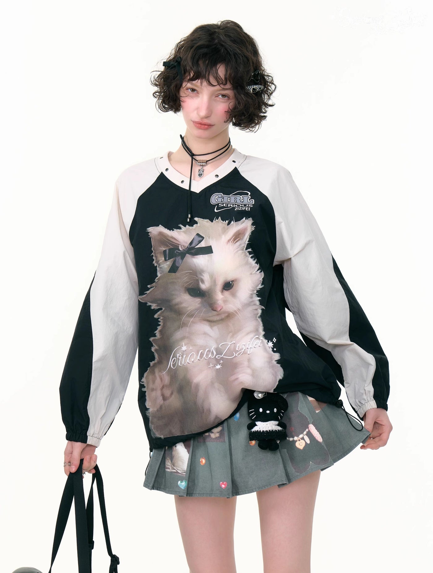 Cat Print Sports Style V-neck Sweatshirt ZIZ0298