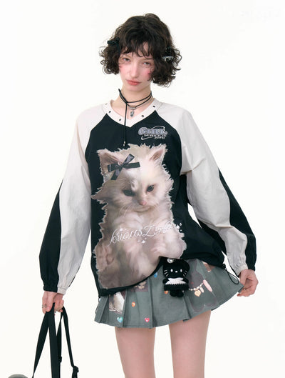 Cat Print Sports Style V-neck Sweatshirt ZIZ0298