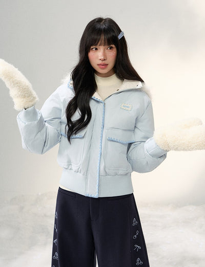 Shell Embroidered Fur Collar Hooded Down Jacket NTO0250