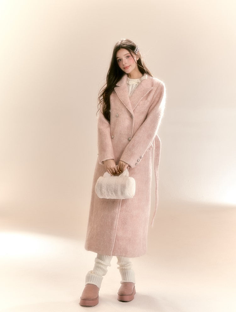 High-grade Mid-length Mist Powder Pink Woolen Long Coat QDQ0091