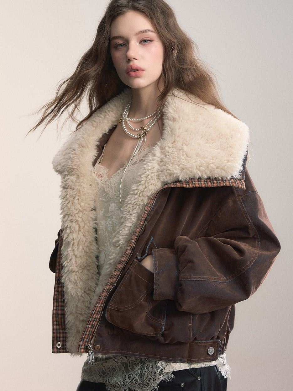 Velvet Denim Large Fur Collar Jacket VIA0362