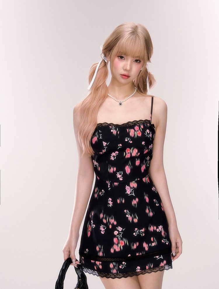 Lace Black Floral Suspender Dress/Red Cardigan QDQ0066