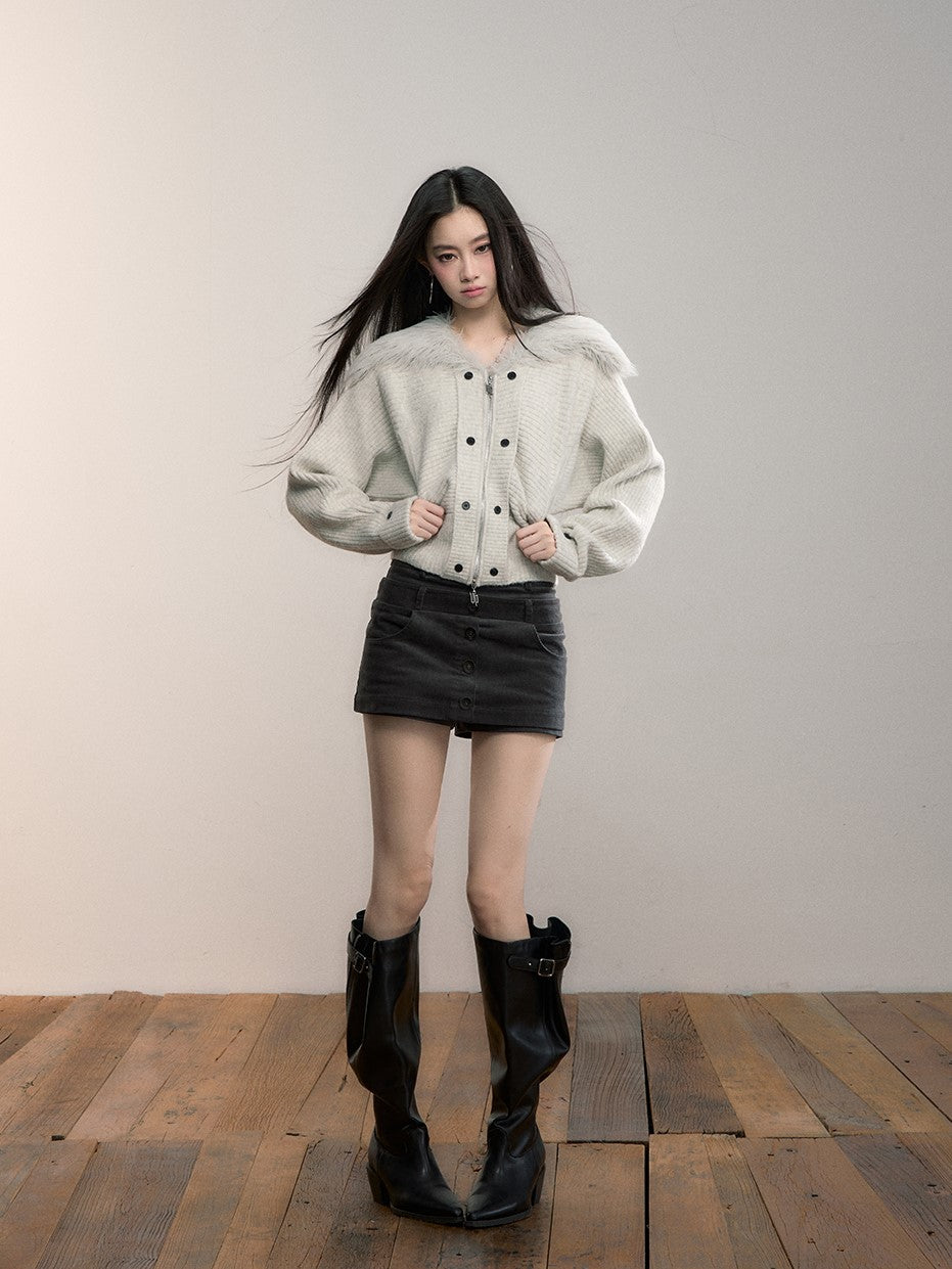 Fur Collar Wide-Sleeve Sweater Cardigan VIA0364