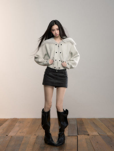 Fur Collar Wide-Sleeve Sweater Cardigan VIA0364