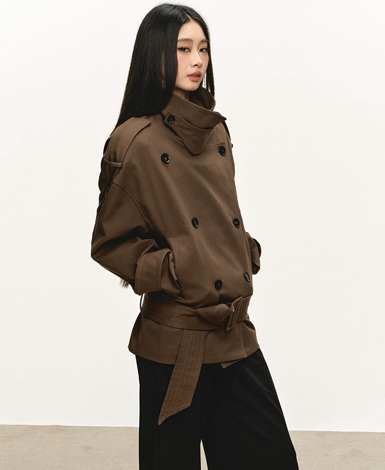 Dark Brown Stand Collar Short Trench Coat ANA0112