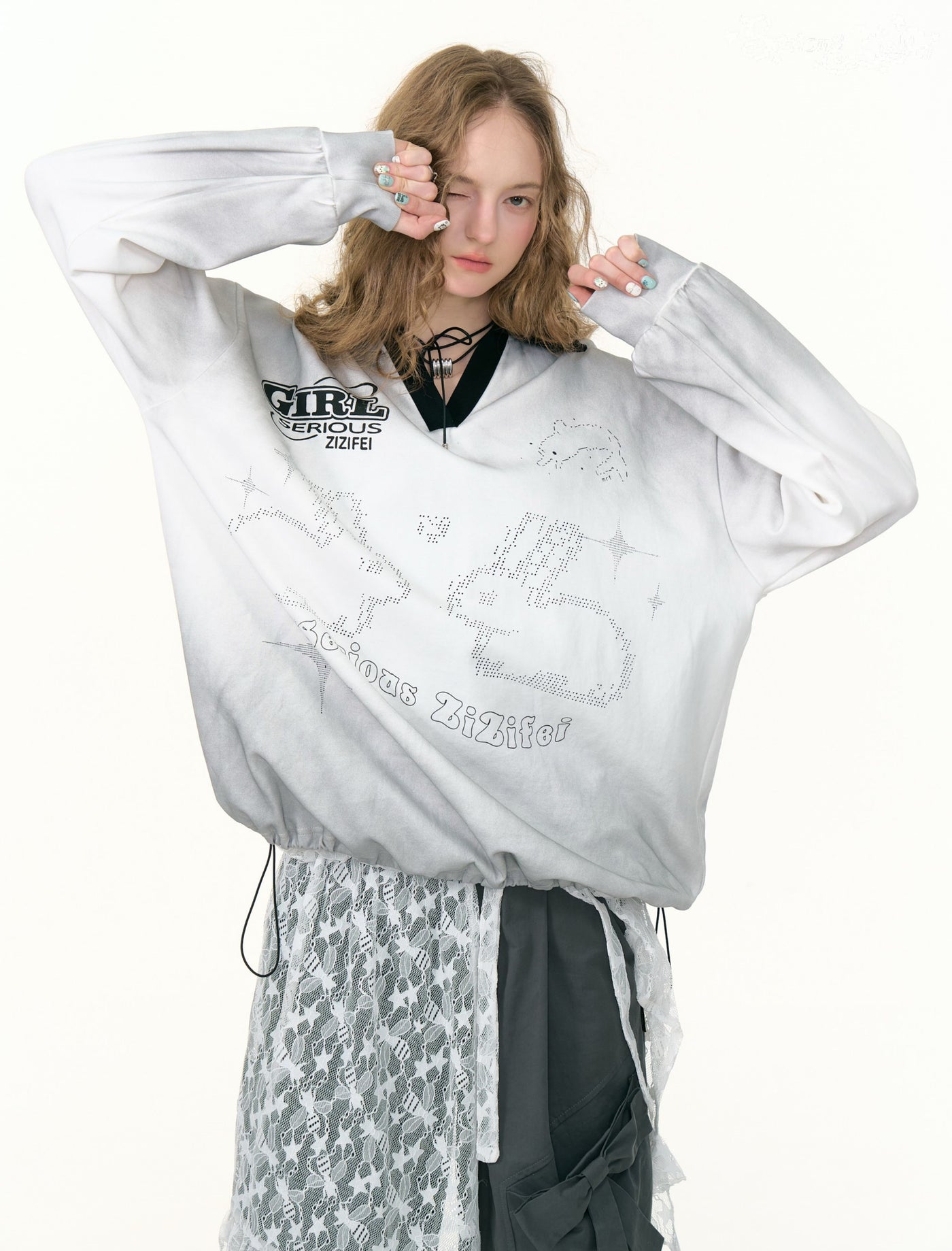Gradient Rabbit Prints V-neck Sweatshirt ZIZ0305