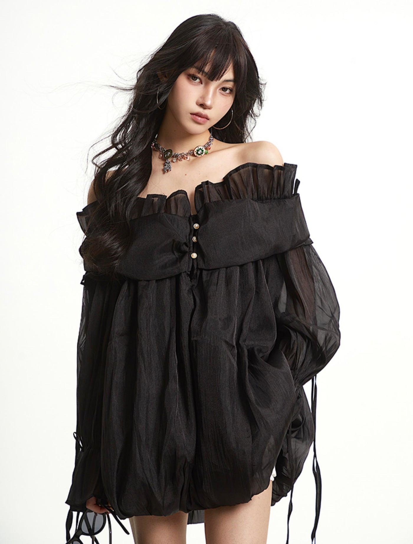 One-shoulder Ruffled Mesh Dress UNC0260