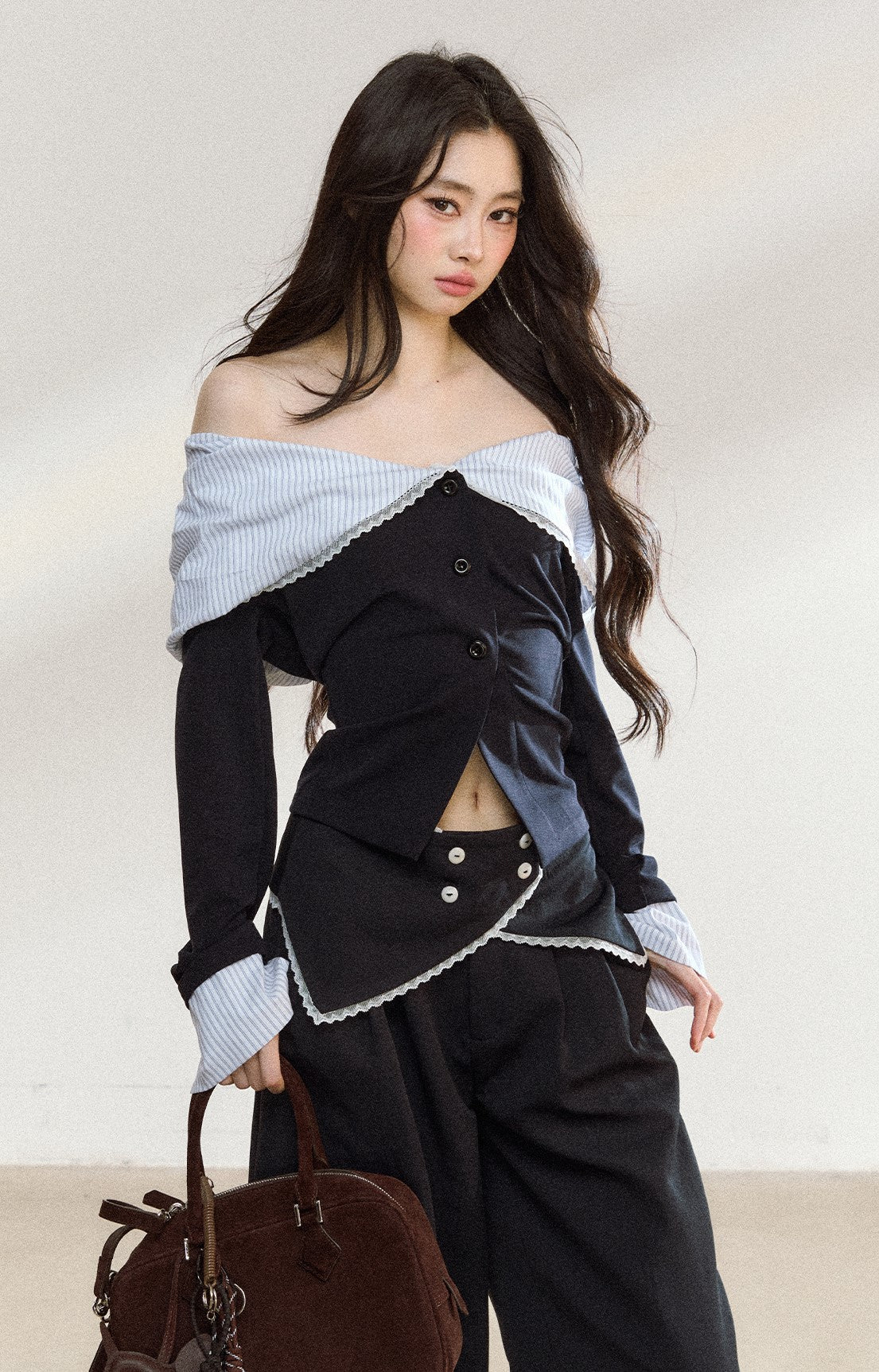 Off Shoulder Splicing Lapel Top/Wide-leg Pants SHI0207