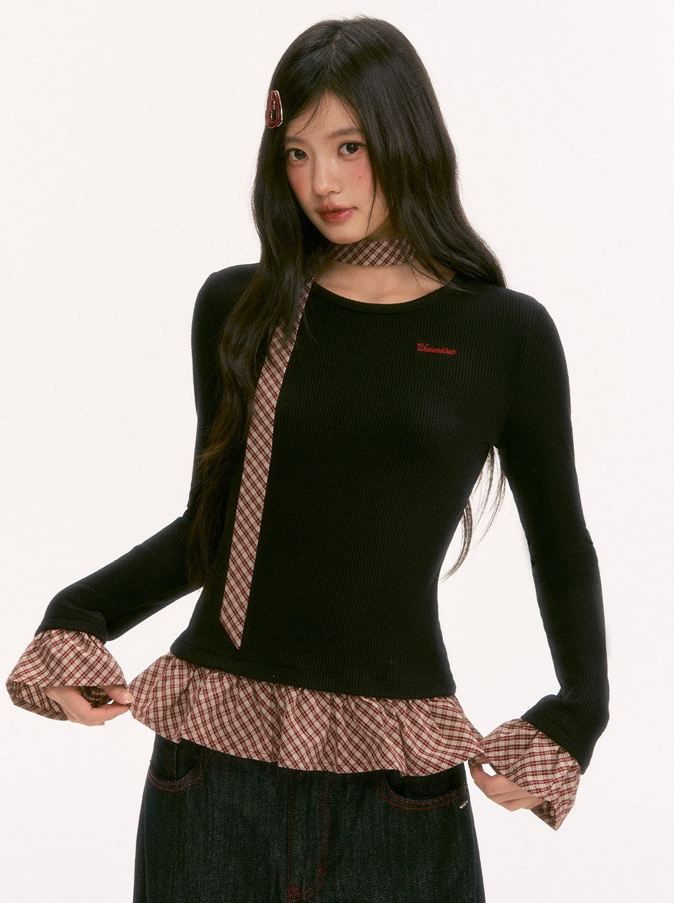 Plaid Tie-Waist Ruffled Long-Sleeved Sweater WEE0133