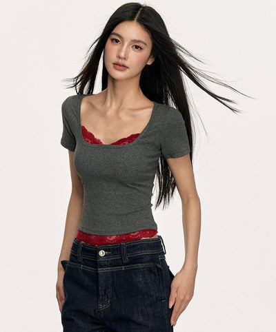 Lace Ribbed Fake Two-piece T-shirt ANA0005