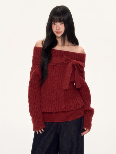 Red Off-Shoulder Bow Sweater WEE0088