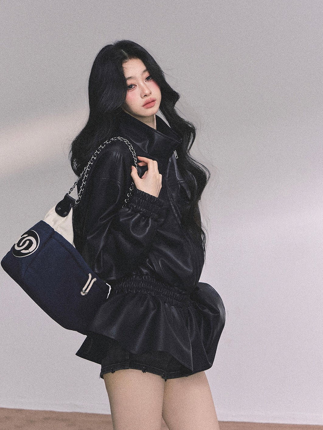 Stand Collar Black Leather Jacket DIA0603