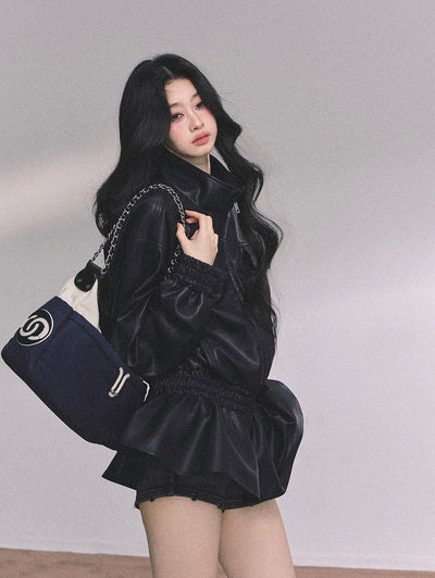 Stand Collar Black Leather Jacket DIA0603