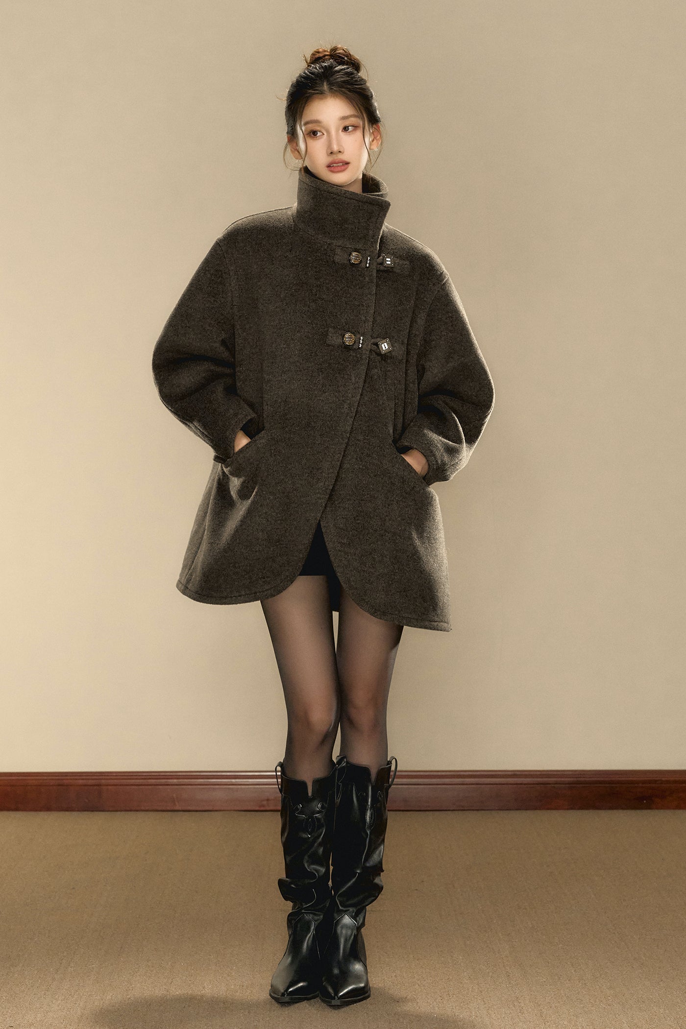 Rock Gray Tweed High Collar Tweed Coat OSH0100