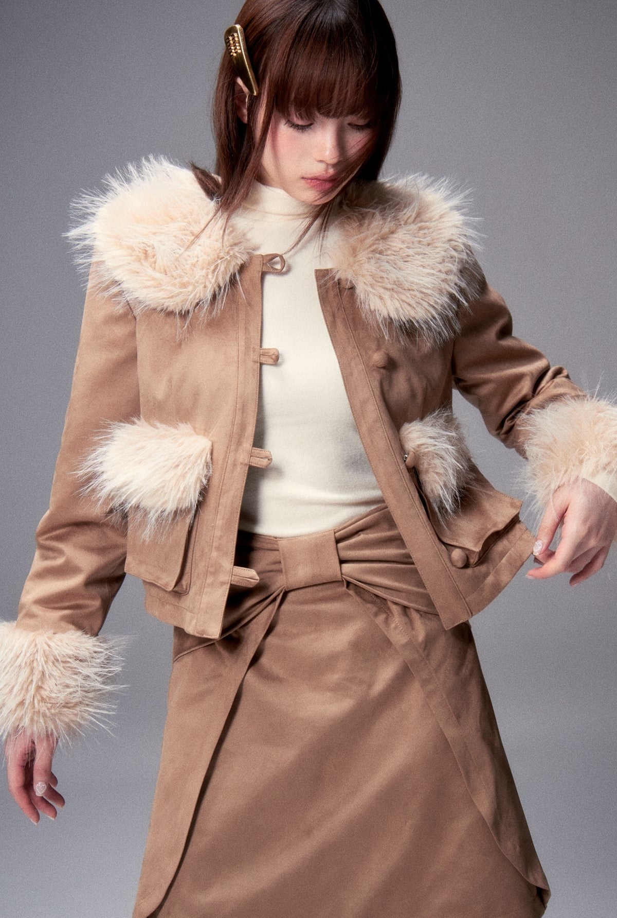 Long Fur Collar Suede Jacket/Skirt LOS0007