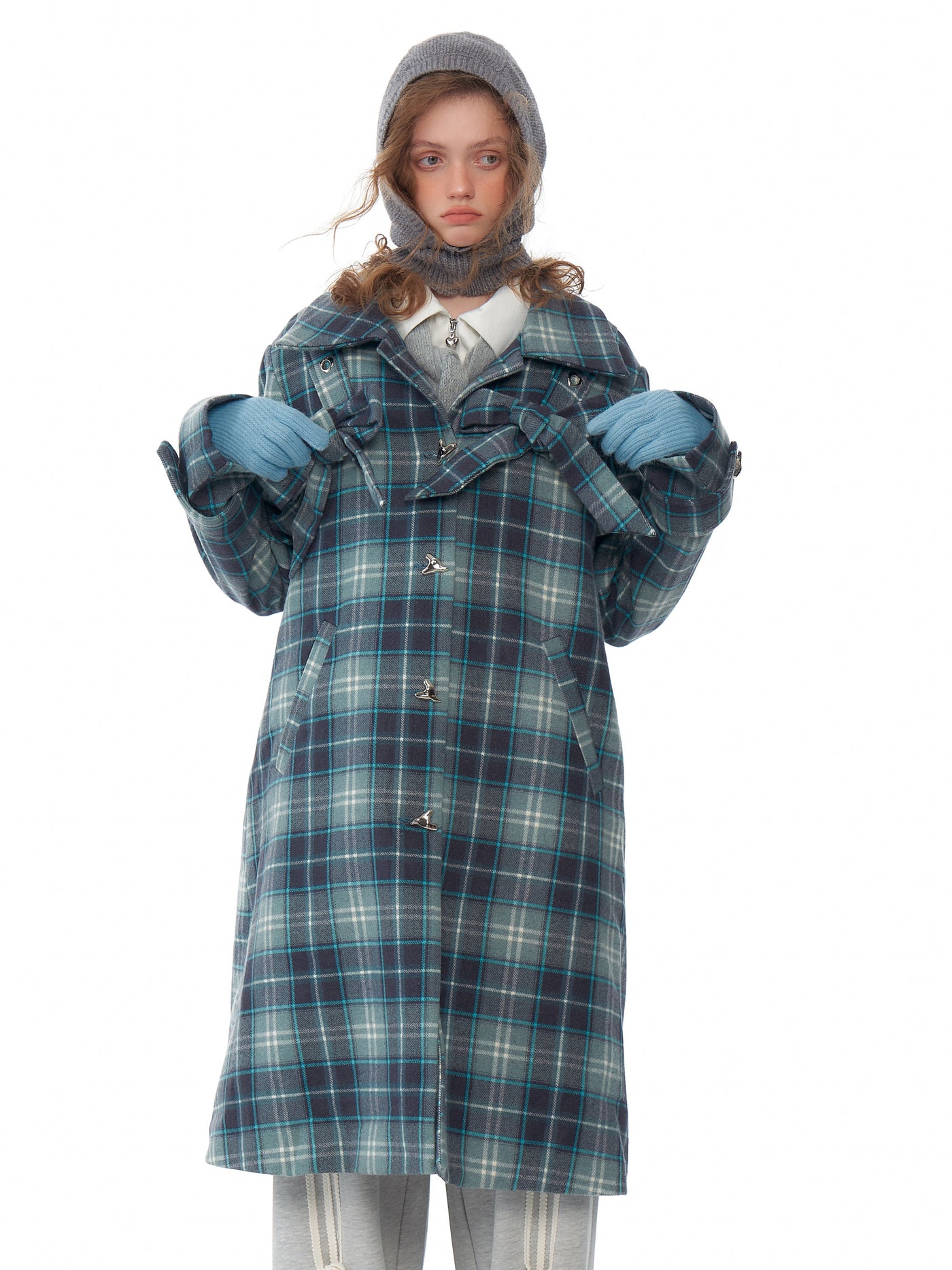 Retro High-end Mid-length Bow Blue Plaid Tweed Coat ZIZ0199