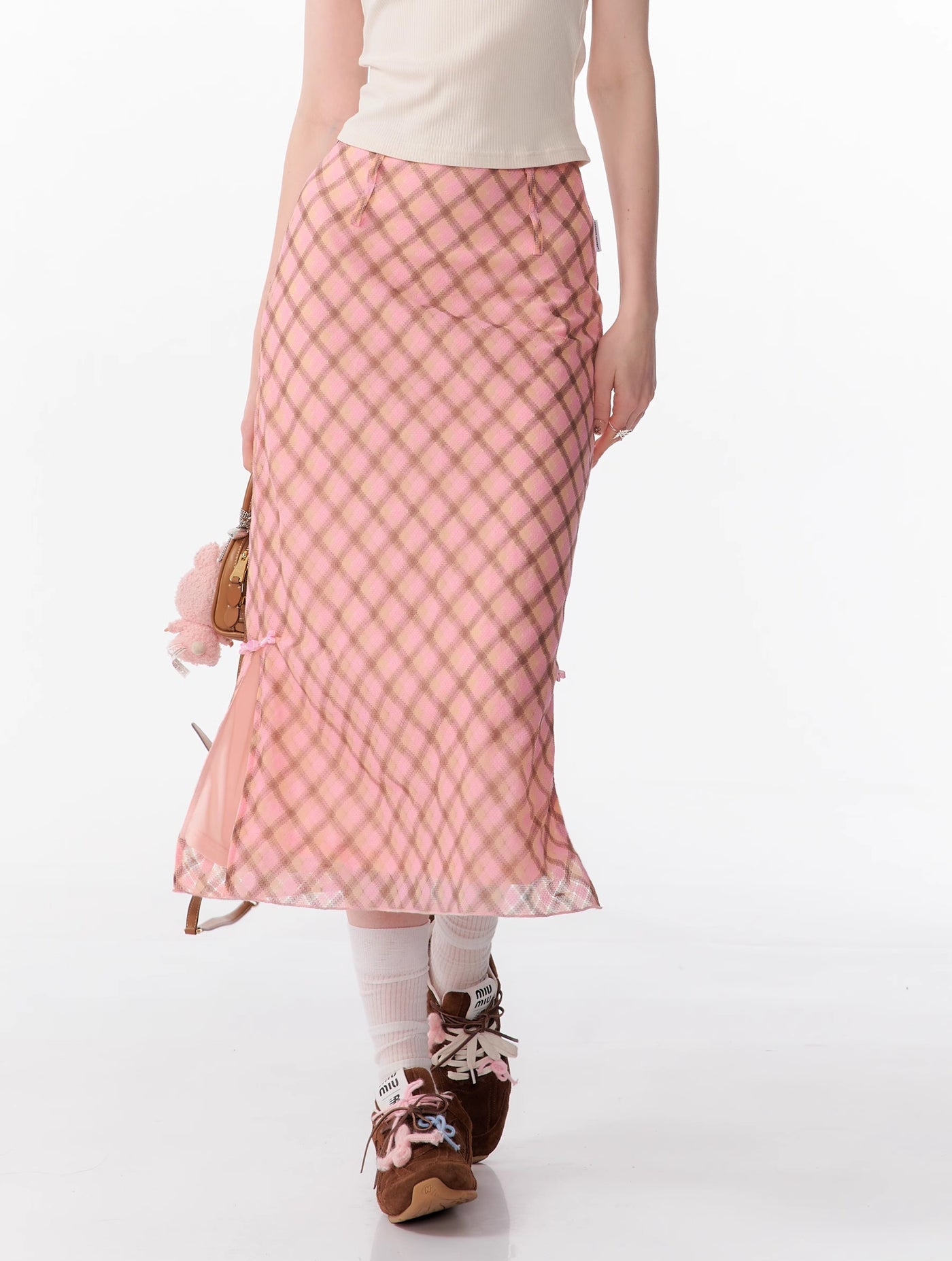 American Retro High Waist Pink And Brown Plaid Fishtail Mid-length Skirt ZIZ0106