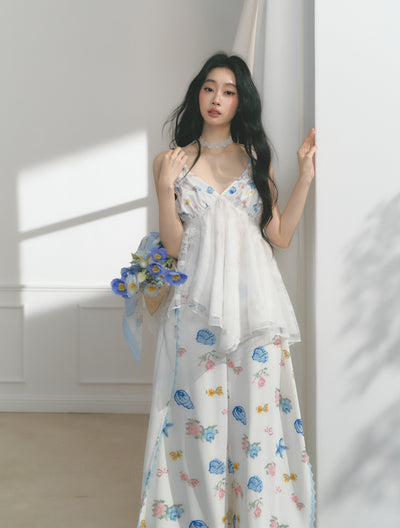 Floral Print Edge Lace Wide-Leg Pants SAL0176