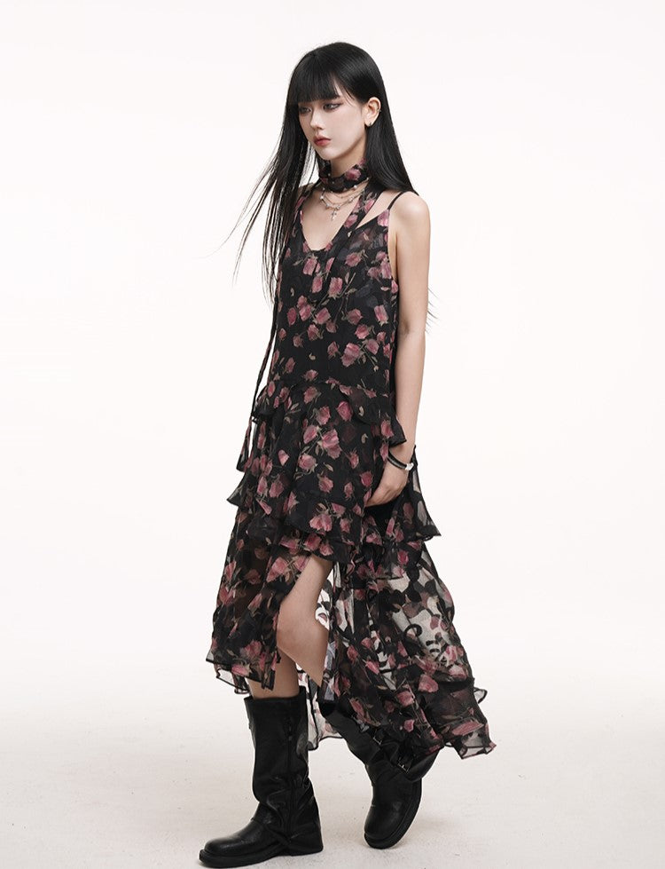 Black Floral Suspender Dress LAD0179