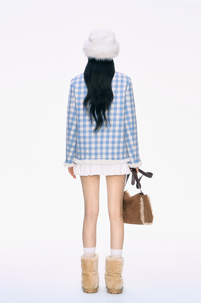 Fur Edge Blue Plaid Cotton Jacket PUN0030