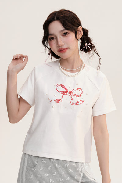 Ice Berry Bow Embroidery Short-sleeved T-shirt AOO0021
