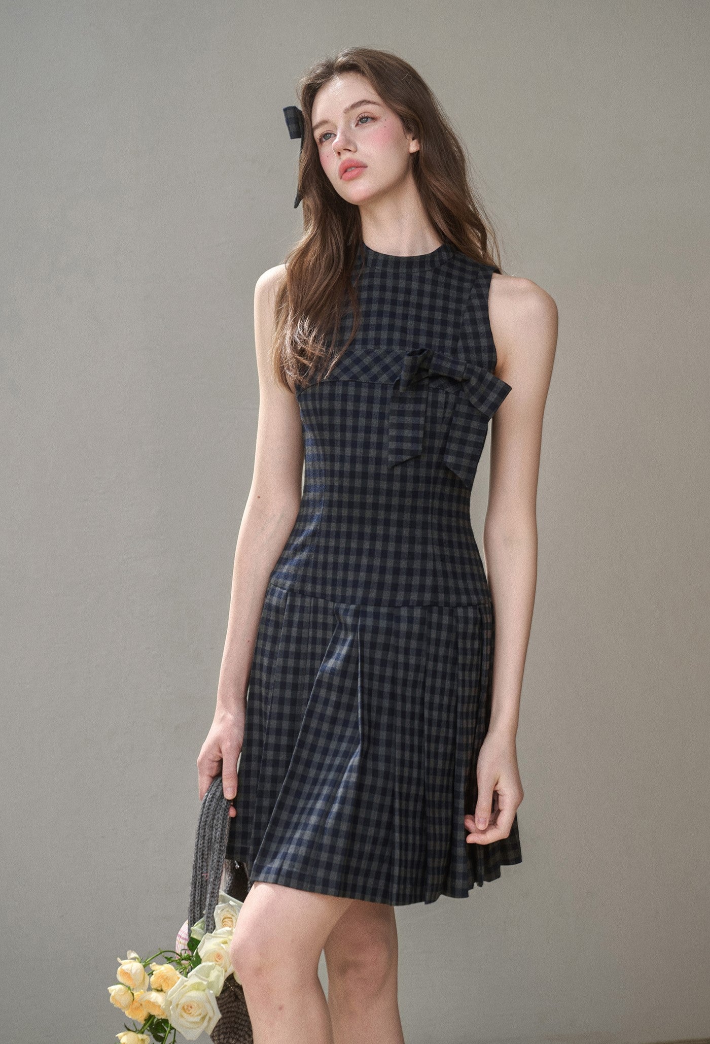 Bow Halter Neck Plaid Pleated Dress GRO0175