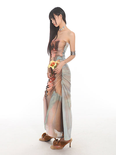 Portrait Printed Mesh Pleated Tube Top/Long Skirt UNC0142