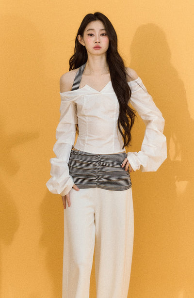 White Off Shoulder Slim Short Shirt SHI0208