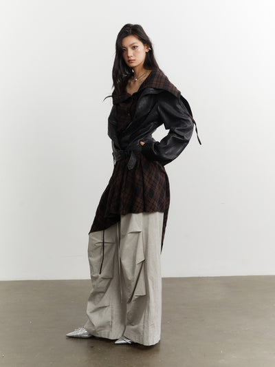 Plaid Stitching Leather Jacket+Skirt JNY0251