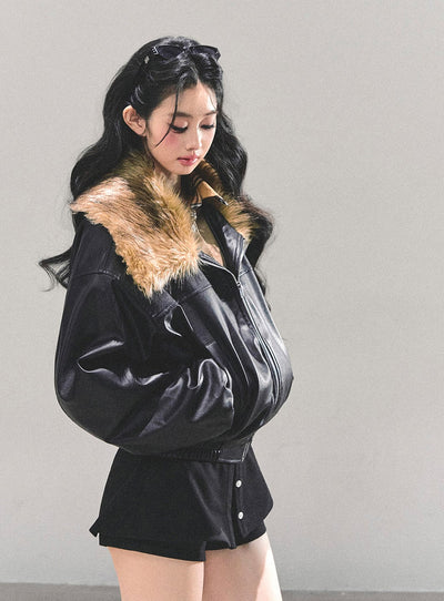 Black Large Lapel Leather Jacket DIA0690