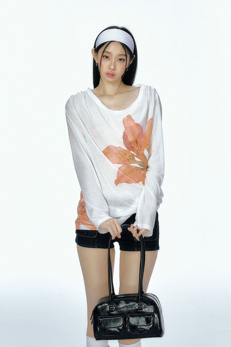 Flower Print Long-sleeved Sunscreen Thin Knitted T-shirt CUR0115