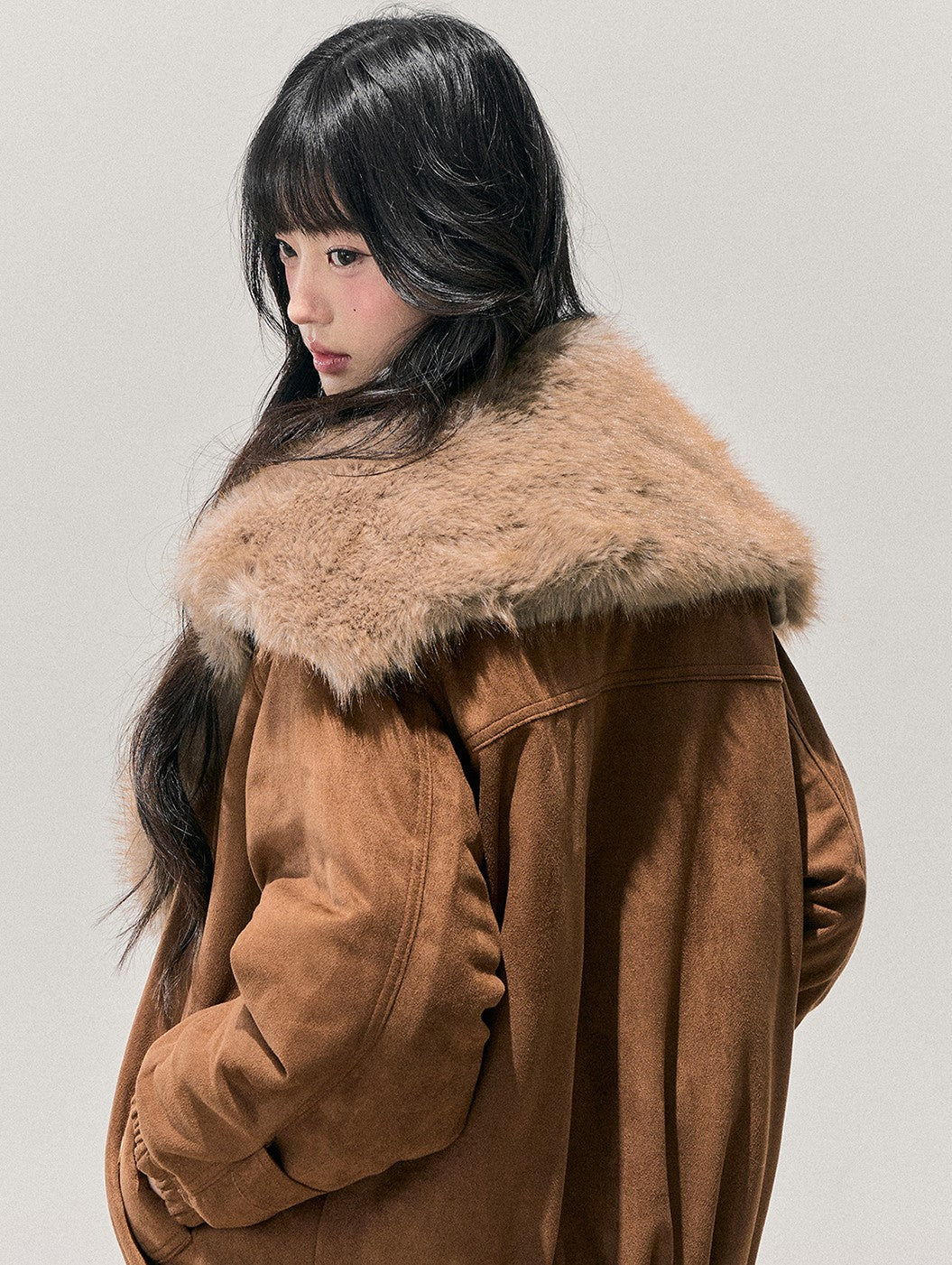 Brown Quilted Thick Detachable Fur Collar Jacket DIA0743