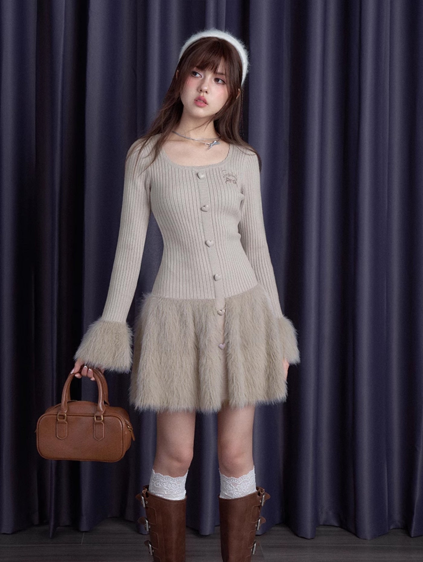 Pure Desire Slim Bottoming Knitted Fur Skirt Dress SAG0192