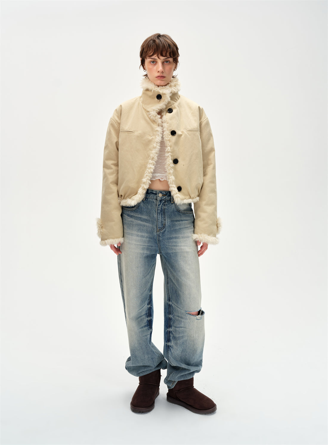 Retro Stand Collar Reversible Fur Jacket CUR0260