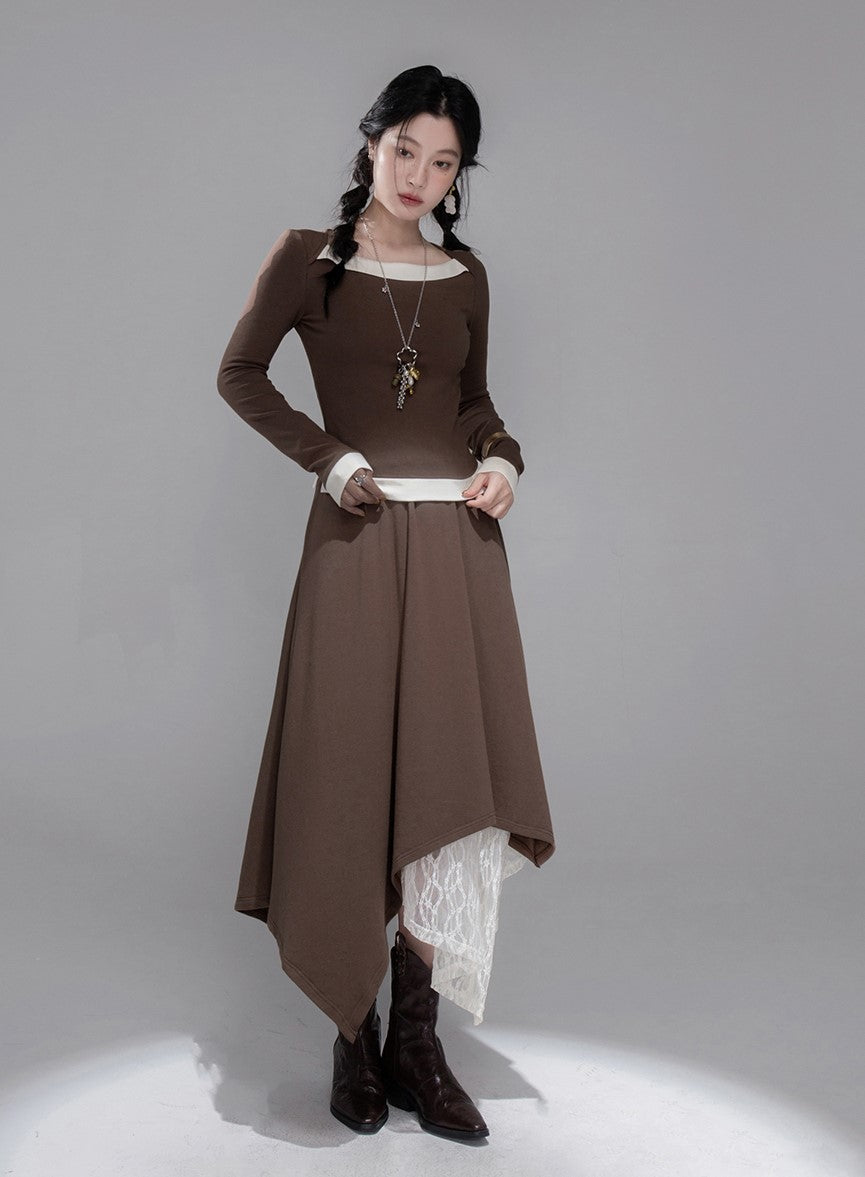 White Milk Coffee Contrast Top+Skirt COT0359