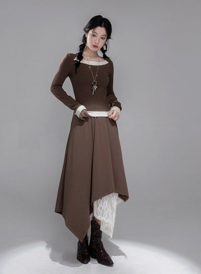 White Milk Coffee Contrast Top+Skirt COT0359