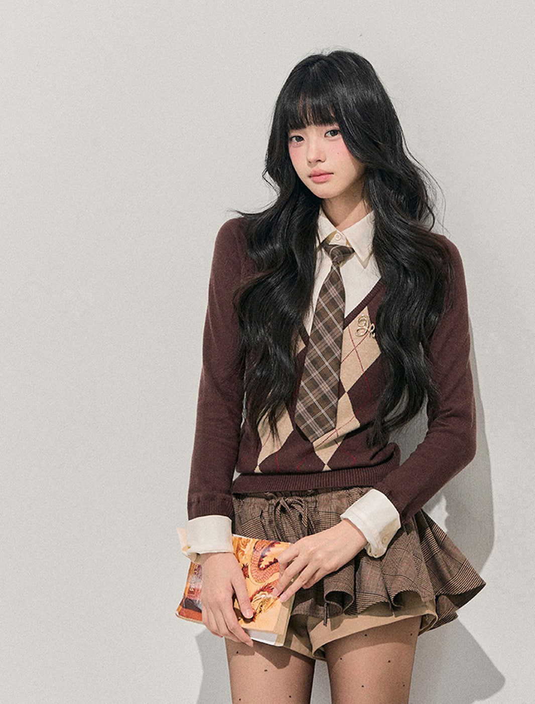 Faux Two-Piece Diamond Pattern Sweater DIA0747